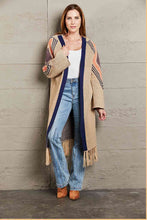 Load image into Gallery viewer, Double Take Geometric Fringe Hem Open Front Duster Cardigan
