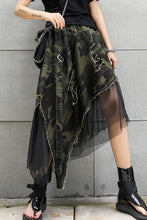 Load image into Gallery viewer, Camouflage Asymmetrical Distressed Denim Skirt with Mesh
