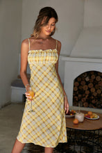 Load image into Gallery viewer, Plaid Spaghetti Strap Frill Trim Midi Dress
