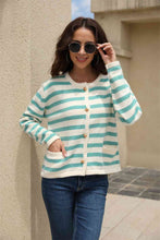 Load image into Gallery viewer, Striped Round Neck Button-Down Dropped Shoulder Cardigan
