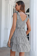 Load image into Gallery viewer, Plaid Tie Shoulder Frill Trim Tiered Dress
