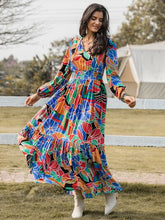 Load image into Gallery viewer, Printed Smocked Tie Neck Balloon Sleeve Maxi Dress
