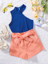 Load image into Gallery viewer, Girls One-Shoulder Top and Belted Shorts Set
