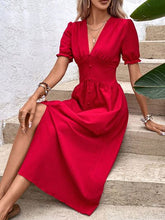Load image into Gallery viewer, V-Neck Decorative Button Slit Midi Dress
