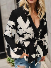 Load image into Gallery viewer, Printed Tie Front Lace Detail Cardigan
