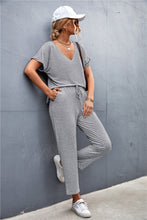 Load image into Gallery viewer, V-Neck Short Sleeve T-Shirt and Drawstring Waist Pants Set
