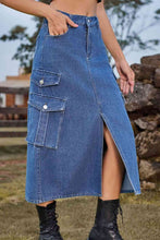 Load image into Gallery viewer, Slit Front Midi Denim Skirt with Pockets
