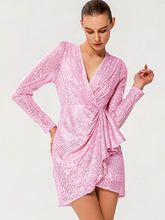 Load image into Gallery viewer, Sequined Puff Sleeve Ruffled Mini Wrap Dress
