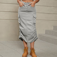 Load image into Gallery viewer, Drawstring Ruched Slit Denim Midi Skirt
