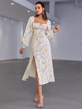 Load image into Gallery viewer, Floral Tie Front Square Neck Split Midi Dress
