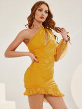 Load image into Gallery viewer, Swiss Dot Cutout One-Shoulder Ruffle Hem Dress
