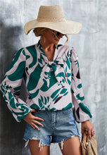 Load image into Gallery viewer, Printed Tie Neck Puff Sleeve Blouse
