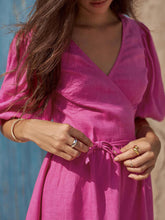 Load image into Gallery viewer, Surplice Balloon Sleeves Tied Dress
