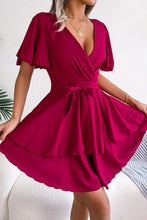 Load image into Gallery viewer, Tie Waist Flutter Sleeve Ruffled Dress
