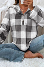 Load image into Gallery viewer, Plaid Quarter Button Dropped Shoulder Hoodie
