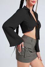 Load image into Gallery viewer, Tie Front Johnny Collar Flare Sleeve Cropped Top
