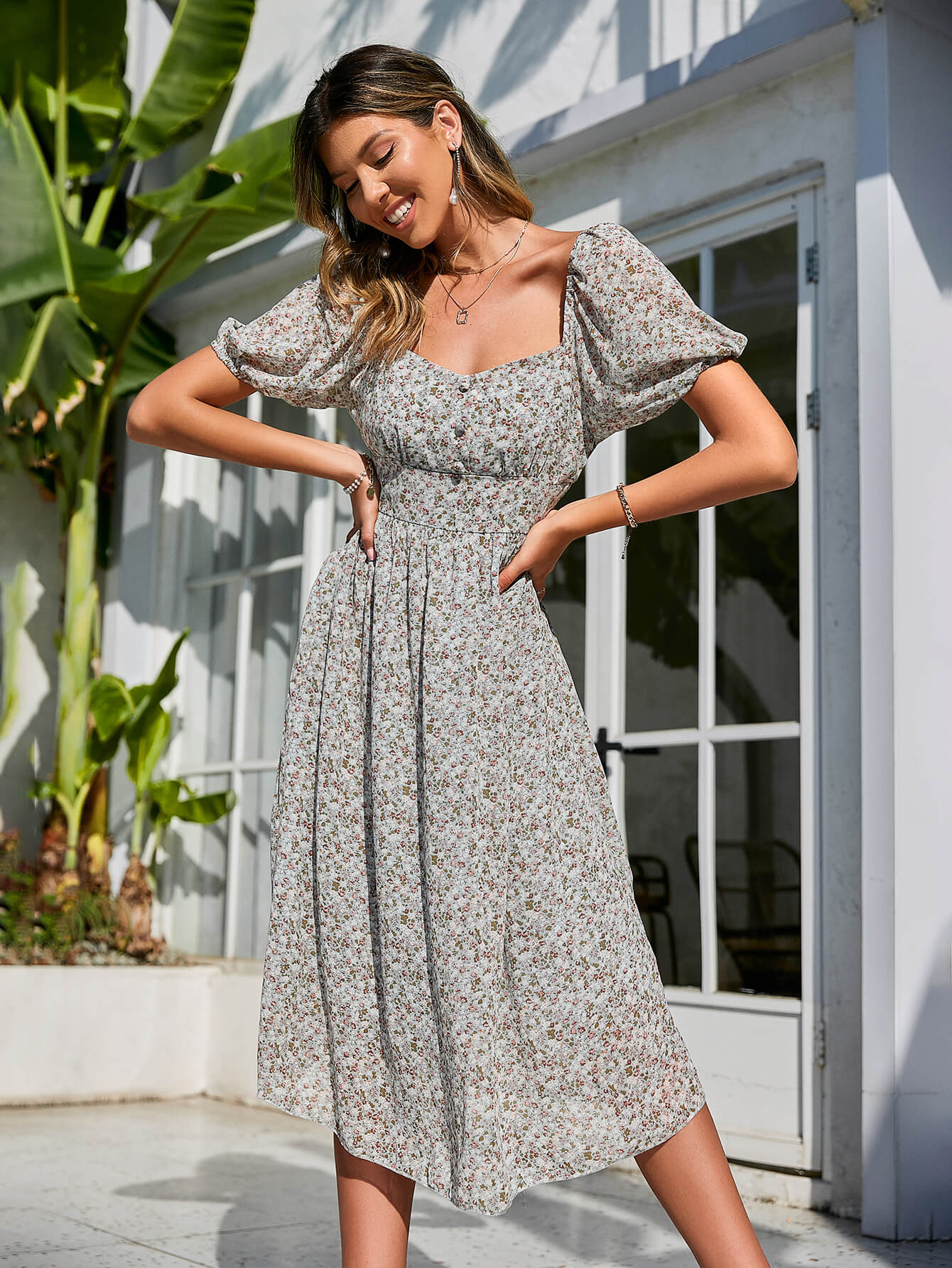 Ditsy Floral Puff Sleeve Midi Dress