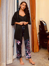 Load image into Gallery viewer, Cami, Robe, and Printed Pants Pajama Set
