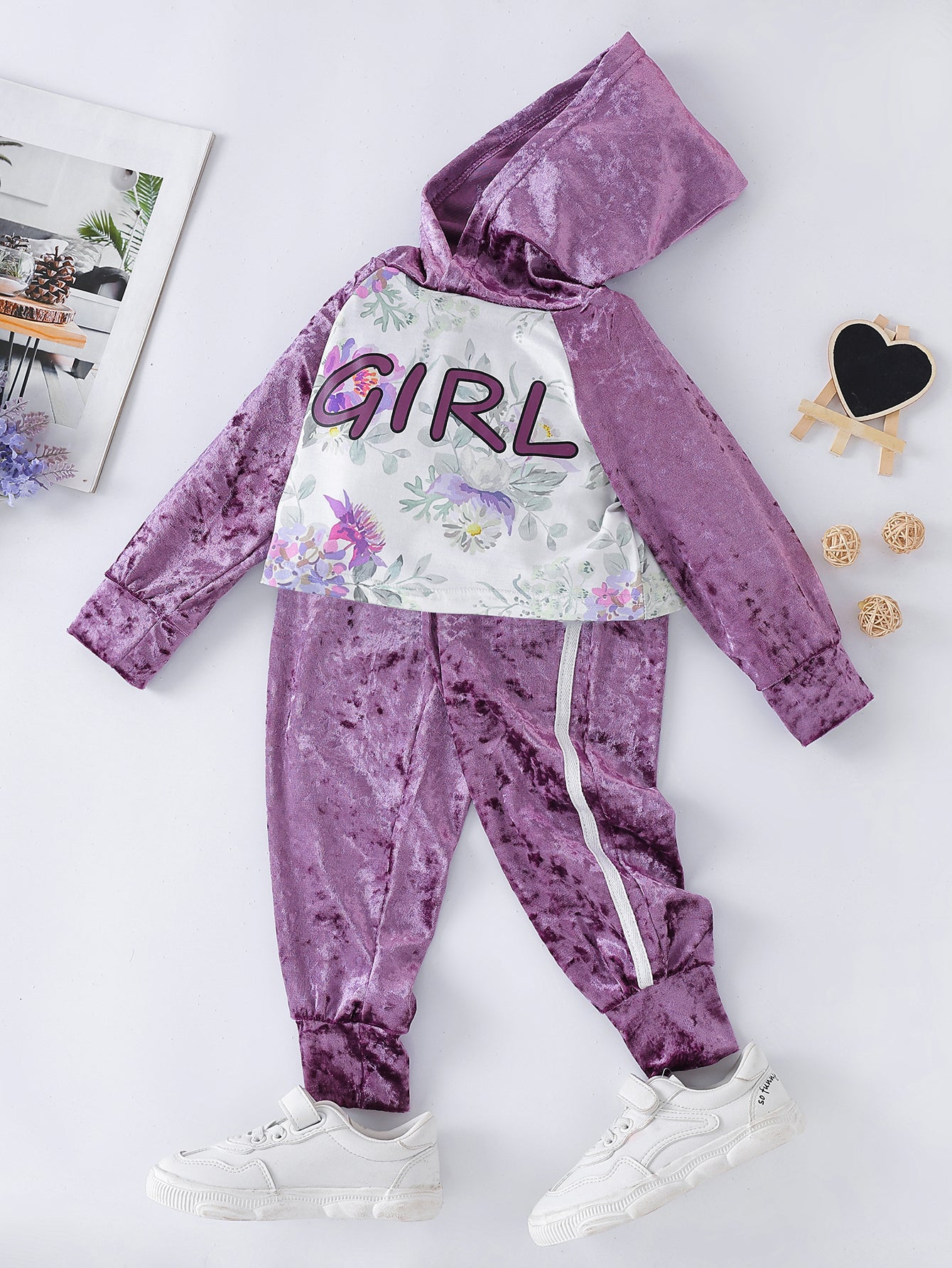 Girls Floral Hoodie and Side Stripe Pants Set