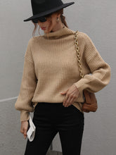 Load image into Gallery viewer, High Neck Balloon Sleeve Rib-Knit Pullover Sweater
