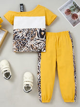 Load image into Gallery viewer, Girls Color Block Printed Cold-Shoulder Tee and Joggers Set
