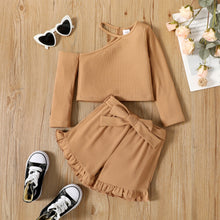 Load image into Gallery viewer, Girls Ribbed Top and Belted Ruffle Hem Shorts Set
