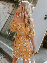 Load image into Gallery viewer, Floral Tassel Detail Tulip Hem Off-Shoulder Dress
