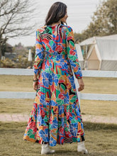 Load image into Gallery viewer, Printed Smocked Tie Neck Balloon Sleeve Maxi Dress
