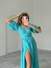 Load image into Gallery viewer, Surplice Balloon Sleeves Tied Dress

