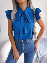Load image into Gallery viewer, Tie  Neck Cap Sleeve Blouse
