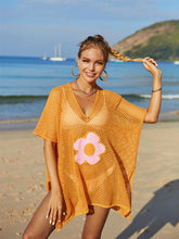 Load image into Gallery viewer, Openwork Flower V-Neck Short Sleeve Cover Up
