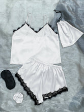 Load image into Gallery viewer, Lace Trim Cami, Shorts, Eye Mask, Scrunchie, and Bag Pajama Set
