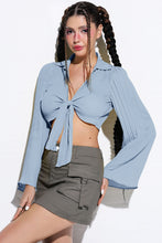 Load image into Gallery viewer, Tie Front Johnny Collar Flare Sleeve Cropped Top
