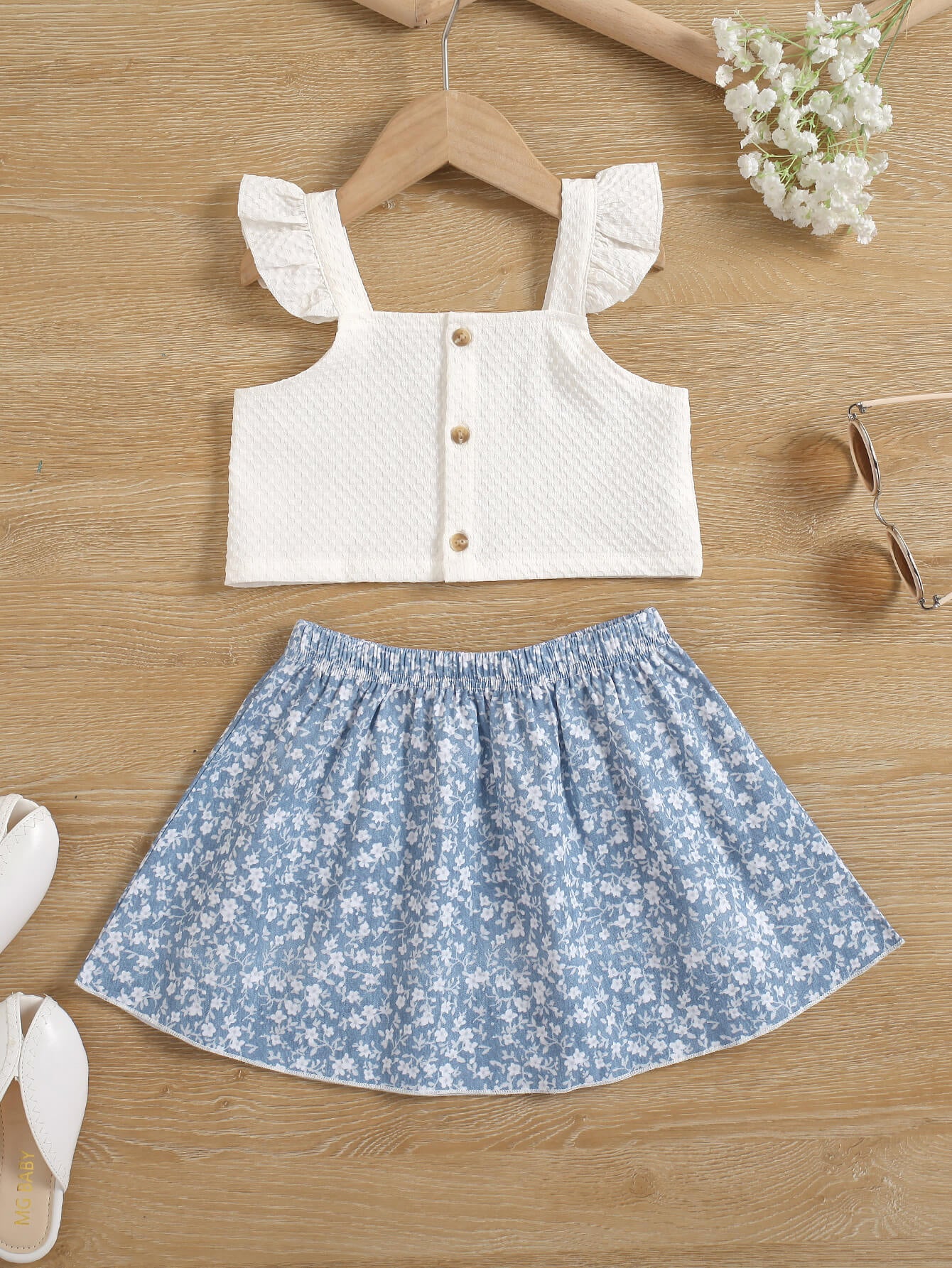 Girls Flutter Sleeve Top and Floral Skirt Set