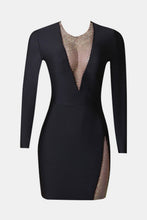 Load image into Gallery viewer, Rhinestone Spliced Mesh Long Sleeve Bodycon Dress
