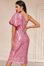 Load image into Gallery viewer, Sequin One-Shoulder Ruched Split Dress

