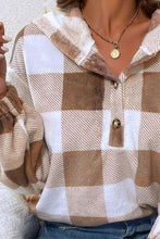 Load image into Gallery viewer, Plaid Quarter Button Dropped Shoulder Hoodie
