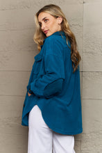 Load image into Gallery viewer, Zenana Cozy in the Cabin Full Size Fleece Elbow Patch Shacket in Teal
