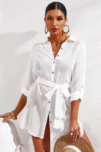 Load image into Gallery viewer, Pinstripe Tie Wiast Slit Shirt Dress
