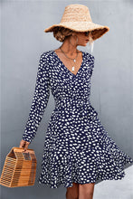 Load image into Gallery viewer, Printed V-Neck Tie Belt Ruffle Hem Mini Dress
