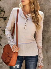 Load image into Gallery viewer, Lace Detail Half Button Long Sleve Knit Top
