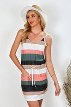 Load image into Gallery viewer, Striped Drawstring Waist Tie-Shoulder Mini Dress
