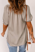 Load image into Gallery viewer, Frill Trim Tie Neck Puff Sleeve Top
