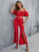 Load image into Gallery viewer, Ruffled Cropped Cami and Slit Pants Set
