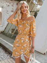 Load image into Gallery viewer, Floral Tassel Detail Tulip Hem Off-Shoulder Dress
