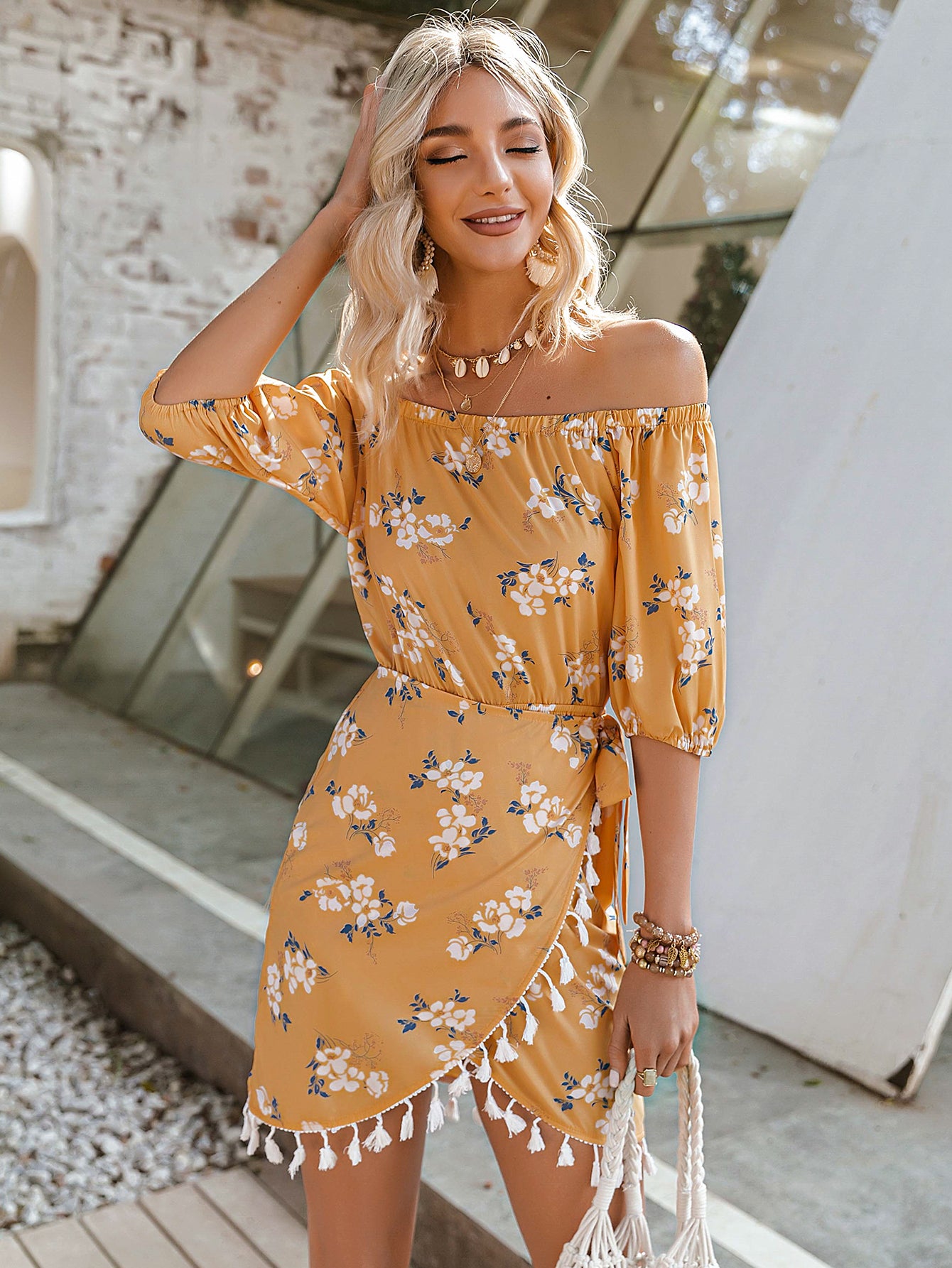 Floral Tassel Detail Tulip Hem Off-Shoulder Dress