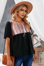 Load image into Gallery viewer, Geometric Print Color Block Tied Babydoll Blouse
