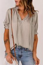 Load image into Gallery viewer, Frill Trim Tie Neck Puff Sleeve Top
