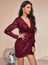 Load image into Gallery viewer, Sequined Puff Sleeve Ruffled Mini Wrap Dress
