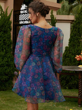 Load image into Gallery viewer, Floral Lace-Up Mesh Balloon Sleeve A-Line Dress
